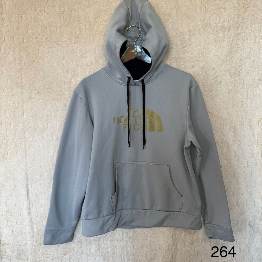 North Face Gray Gold‎ Hoodie Pullover Sweatshirt Pockets Sz L Please Read